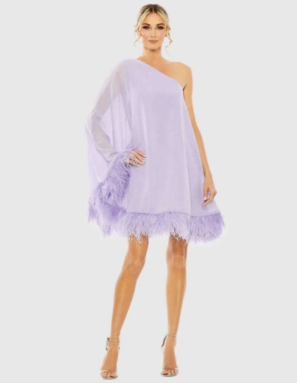 Mac Duggal 11623 Purple Asymmetric Feather trim Dress 6 NWT